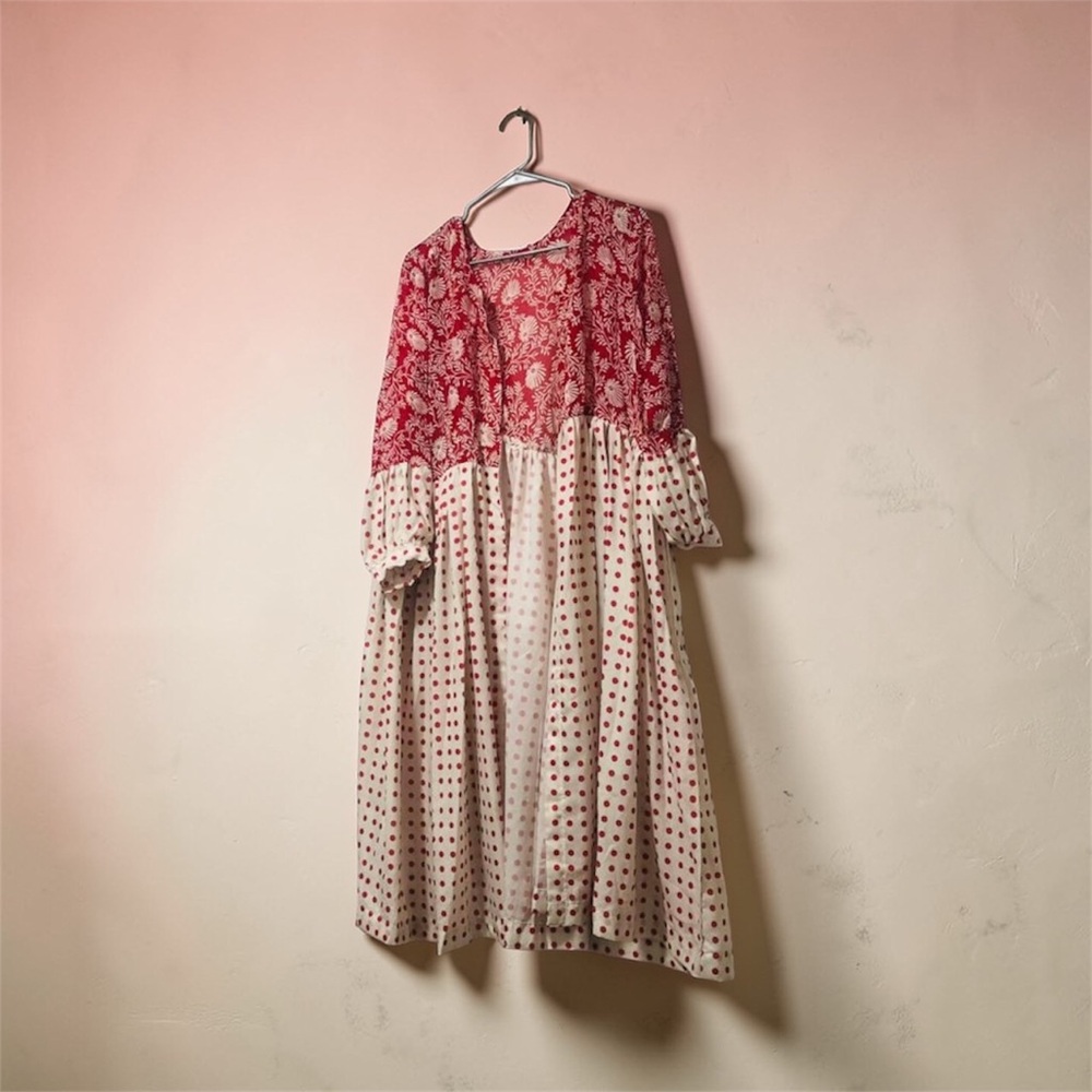 Girls' Red Floral & Cream Polka Dot Cotton Dress
